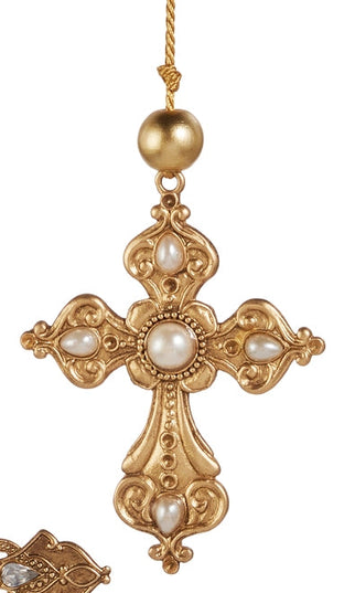 4.5" Gold Cross Ornament with Pearl