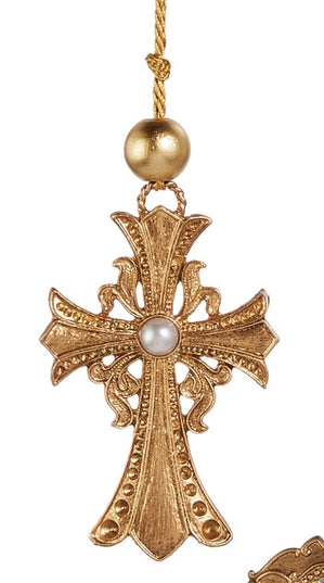 4.5" Gold Cross Ornament with Pearl