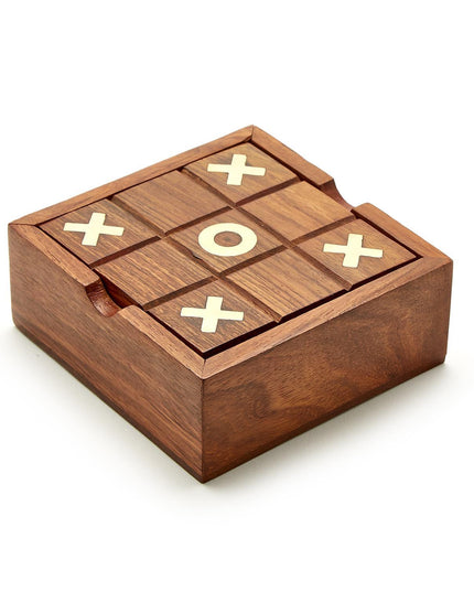 2-in-1 Game Set in Hand-Crafted Storage Box Includes: Tick-Tac-Toe and Solitaire (10 X' and O's, 36 marbles, game instructions) - Acacia Wood/Glass/Brass