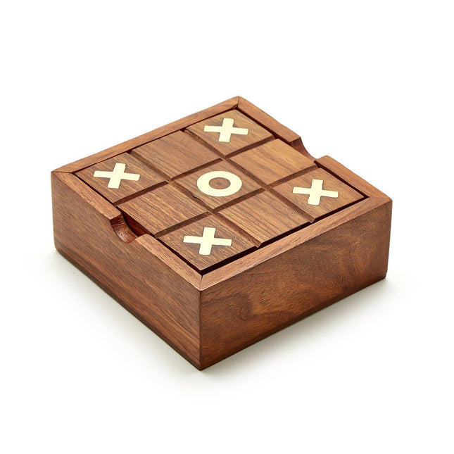 2-in-1 Game Set in Hand-Crafted Storage Box Includes: Tick-Tac-Toe and Solitaire (10 X' and O's, 36 marbles, game instructions) - Acacia Wood/Glass/Brass