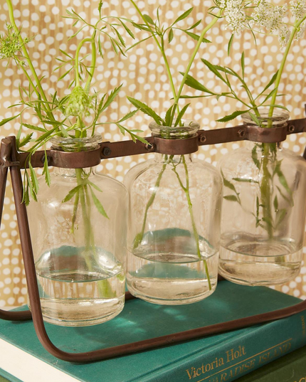 Hinged Flower Arranger w/ 3 glass bottles on metal stand