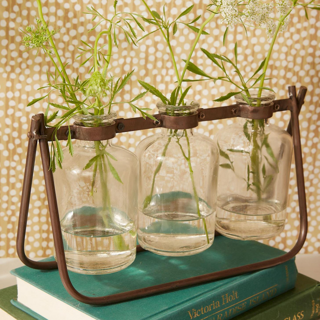 Hinged Flower Arranger w/ 3 glass bottles on metal stand