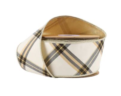 Ivory/Black/Gold Bias Cut Plaid Ribbon 2.5"x5Y