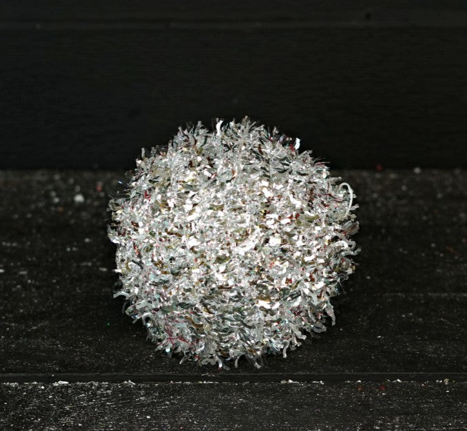 6" Glitter Fluffy Tinsel Ball White/Silver