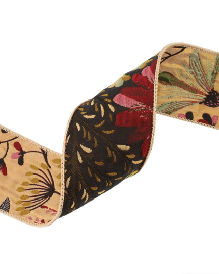 2 1/2" Reversible Floral Tapestry Wired Ribbon | Forest Pale Gold/Black | 5 Yard Roll