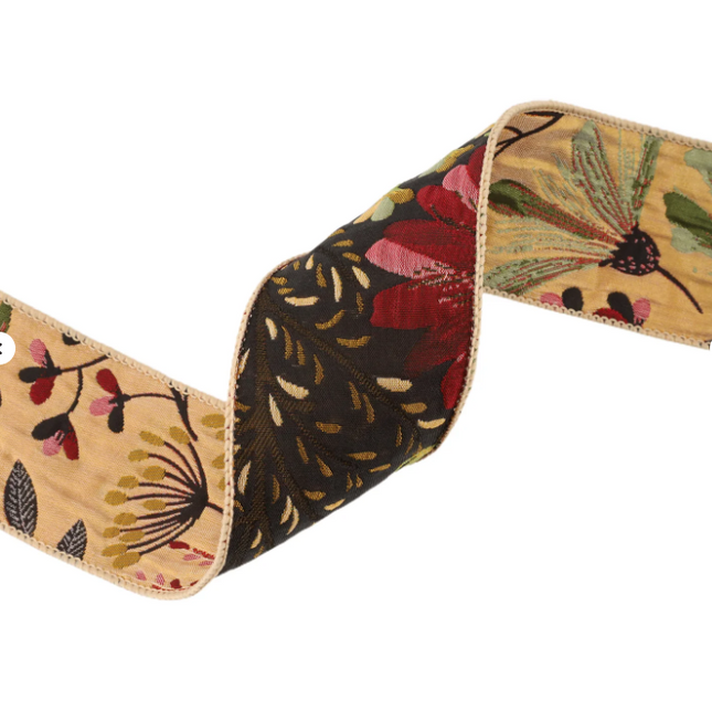2 1/2" Reversible Floral Tapestry Wired Ribbon | Forest Pale Gold/Black | 5 Yard Roll