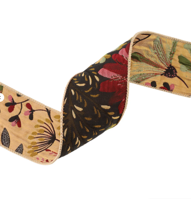 2 1/2" Reversible Floral Tapestry Wired Ribbon | Forest Pale Gold/Black | 5 Yard Roll