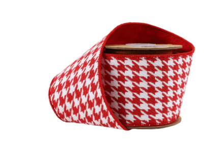 4"x5Y Wired Ribbon Red/White Houndstooth w Red Backing