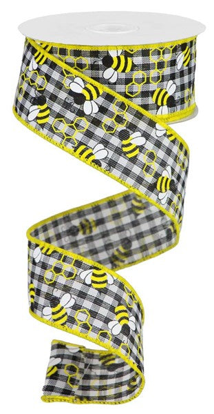 1.5" x 10yd Mini Bumblebees Gingham Check image 0