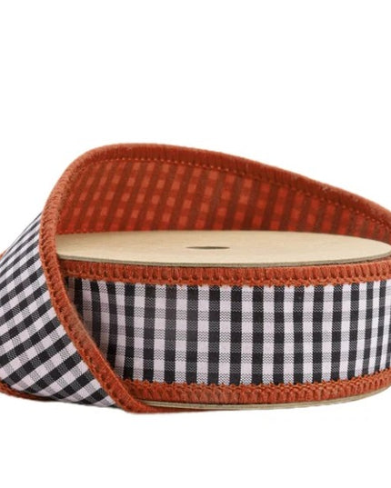 1" Wired Ribbon | Black/White Mini Check w/ Orange Backing | 10 Yard Roll