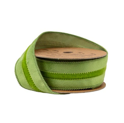1 1/2" Wired Velvet Ribbon w/ Trim | Green w/ Green Trim | 10 Yard Roll