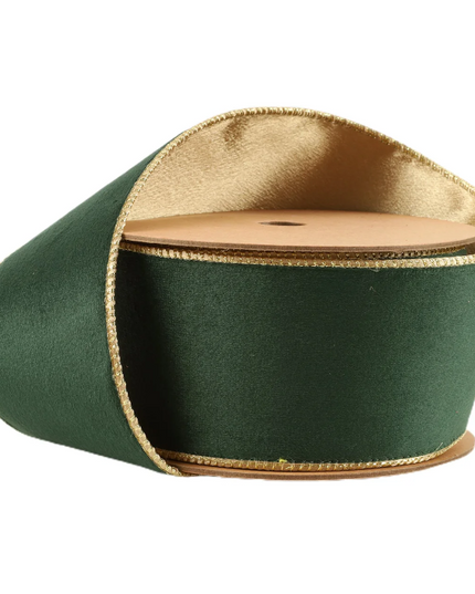 2 1/2" Reversible Classic Velvet Wired Ribbon | Green/Gold | 10 Yard Roll