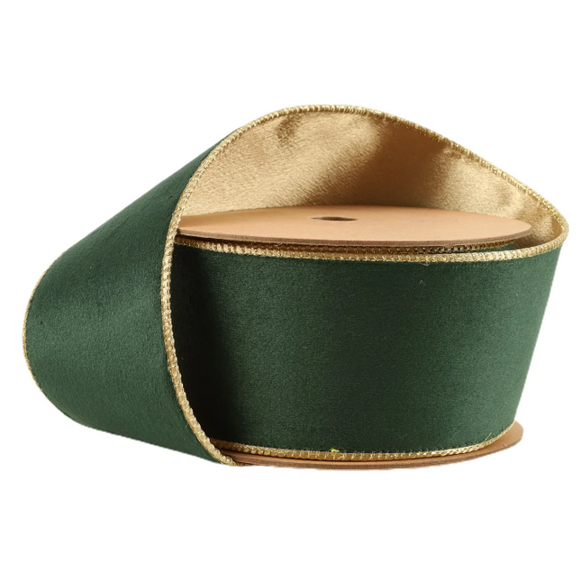 2 1/2" Reversible Classic Velvet Wired Ribbon | Green/Gold | 10 Yard Roll