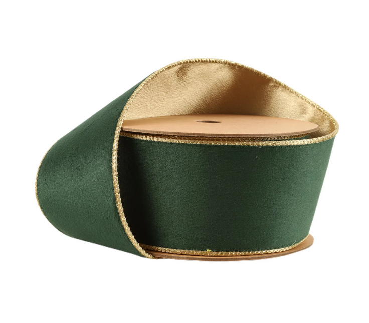 2 1/2" Reversible Classic Velvet Wired Ribbon | Green/Gold | 10 Yard Roll