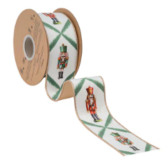 2 1/2" Wired Reversible Velvet | Nutcracker with Northfolk Pine on White | 10 Yard Roll