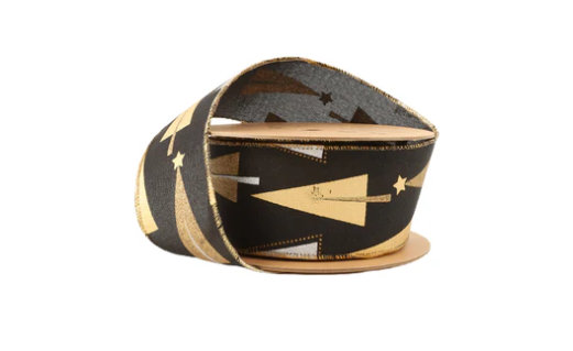 2.5"x10Y Wired Ribbon Black w Gold/Silver Stamping