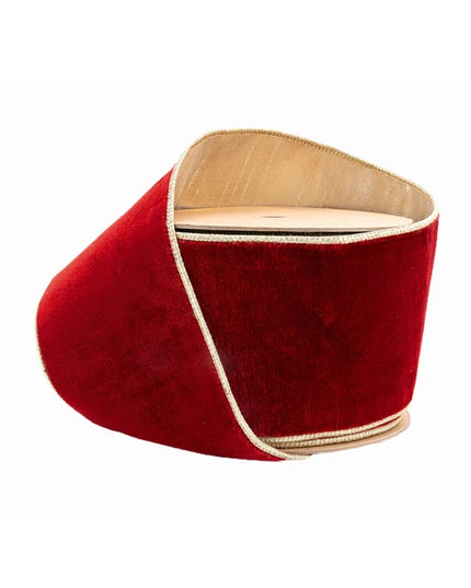 4" Wired Premium Velvet Ribbon | Red w/ Gold Metallic Backing | 10 Yard Roll