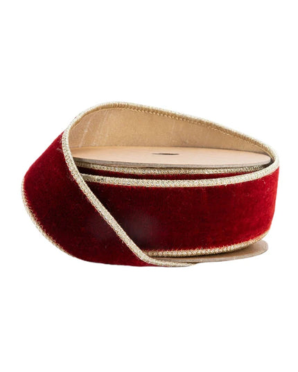 1  1/2" Wired Premium Velvet Ribbon | Red w/ Gold Metallic Backing | 10 Yard Roll