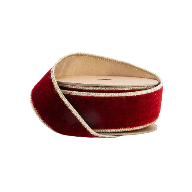 1  1/2" Wired Premium Velvet Ribbon | Red w/ Gold Metallic Backing | 10 Yard Roll