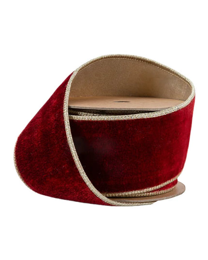 2 1/2" Wired Premium Velvet Ribbon | Red w/ Gold Metallic Backing | 10 Yard Roll
