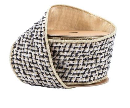 Black/Ivory Jacquard Tweed Ribbon with Gold Backing 2.5"x10Y