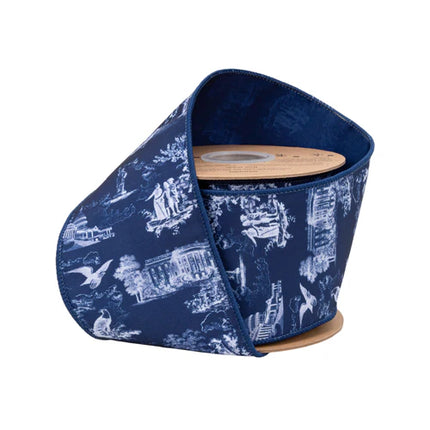 Patriotic Toile w/ Blue Backing 4"x10Y Wired Ribbon
