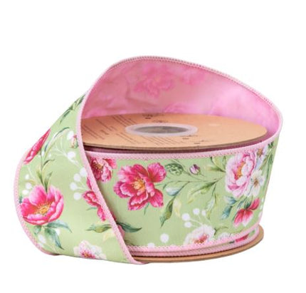 2 1/2" Wired Dupioni Ribbon/ Rose Blooms on Green with Pink Backing/ 10 Yard Roll