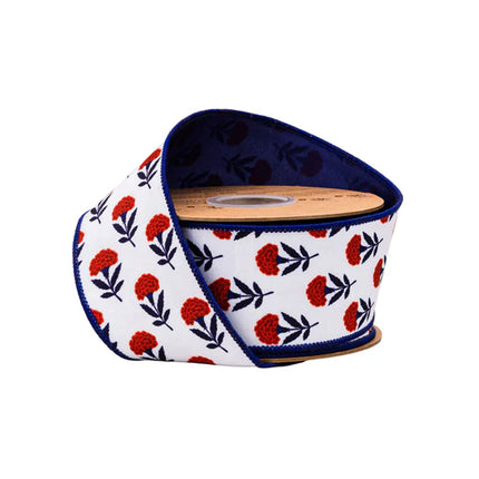 Red/White/Blue Floral w/ Blue Backing 2.5"x10Y Wired Ribbon