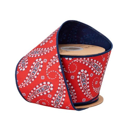 4" Wired Dupioni Ribbon | White Paisley on Red w/ Blue Backing | 10 Yard Roll