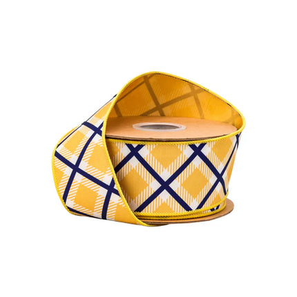 Blue/White/Yellow Bias Plaid w/ Yellow Backing 2.5"x10Y Wired Ribbon