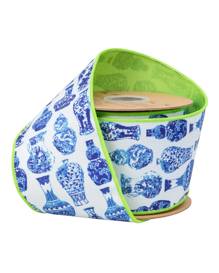 Blue & White China Pots w/ Lime Green Backing 4"x10Y Wired Ribbon