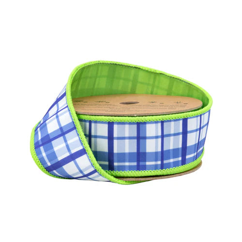 Blue & White Plaid w. Lime Green Backing 1.5"X10Y Wired Ribbon