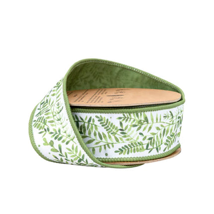 Ferns On White w/ Green Backing Wired 1.5"x10Y Ribbon