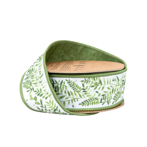 Ferns On White w/ Green Backing Wired 1.5"x10Y Ribbon