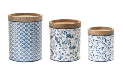 Iron/Wood Canister Blue Patterned