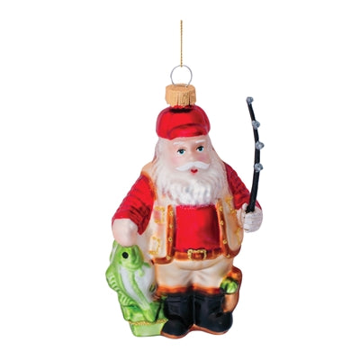 Santa Fishing Ornament 4.75”H Glass