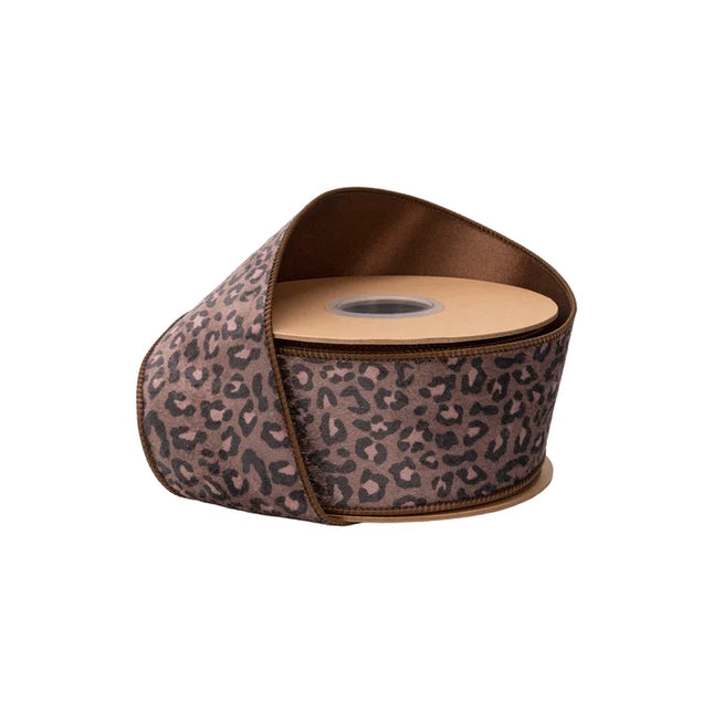 2 1/2" Wired Ribbon | Animal Print on Brown w/ Brown Backing | 10 Yard Roll