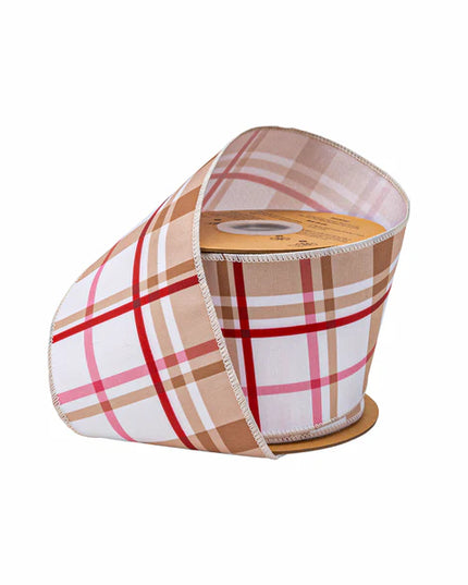 4" Wired Dupioni Ribbon | Gingerbread Plaid w/ White Backing | 10 Yard Roll