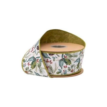 2 1/2" Wired Dupioni Ribbon | Christmas Floral and Berries w/ Green Backing | 10 Yard Roll