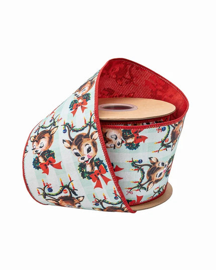 4" Wired Dupioni Ribbon | Retro Deer w/ Wreath w/ Red Backing | 10 Yard Roll