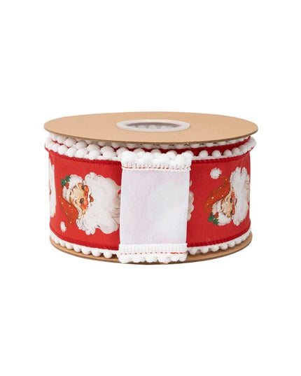 2 1/2" Wired Dupioni Ribbon | Retro Santa Face w/ Pom Pom Edge w/ White Backing | 10 Yard Roll