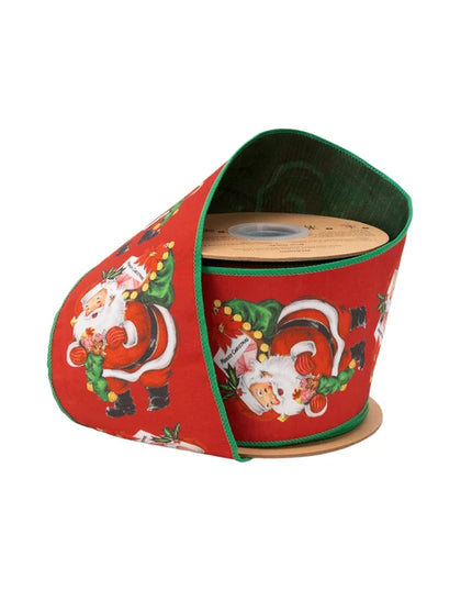 4" Wired Dupioni Ribbon | Retro Santa w/ Sack | 10 Yard Roll