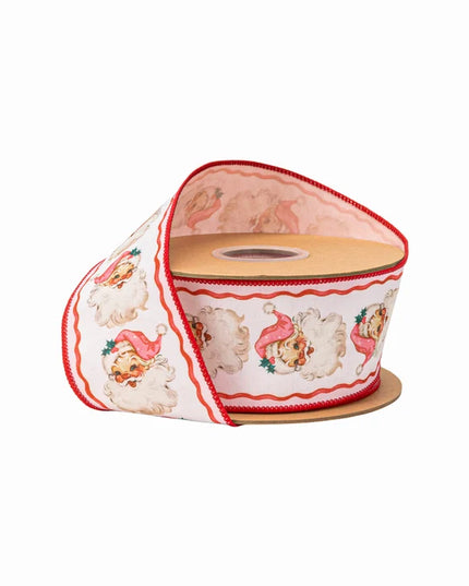 2 1/2" Wired Dupioni Ribbon | Retro Pink Santa and Ribbons w/ Pink Backing | 10 Yard Roll