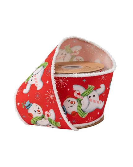 4" Wired Dupioni Ribbon | Retro Snowman on Red w/ Pom Pom Edge w/ White Backing | 10 Yard Roll