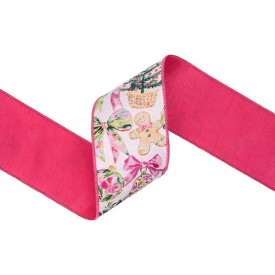 4" Wired Dupioni Ribbon | Pink Baubles and Bows w/ Pink Backing | 10 Yard Roll
