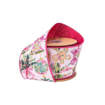 4" Wired Dupioni Ribbon | Pink Baubles and Bows w/ Pink Backing | 10 Yard Roll