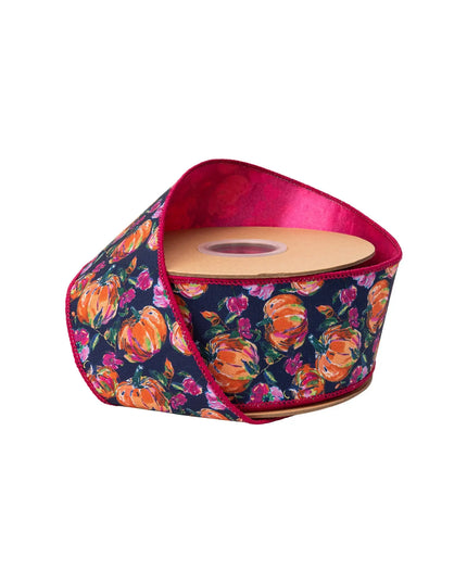 2 1/2" Wired Dupioni Ribbon | Pumpkins and Flowers on Blue w/ Satin Pink Backing | 10 Yard Roll