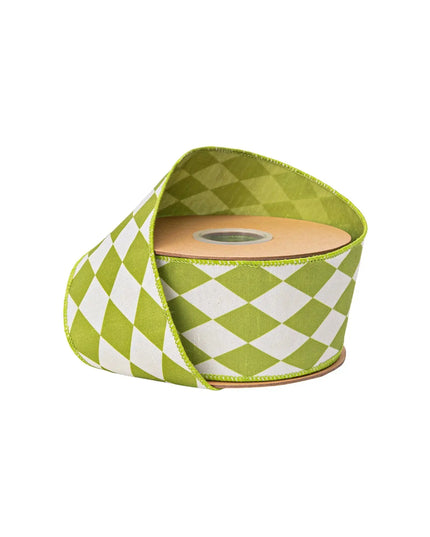 2 1/2" Wired Dupioni Ribbon | Green Diamonds on Cream w/ Green Backing | 10 Yard Roll