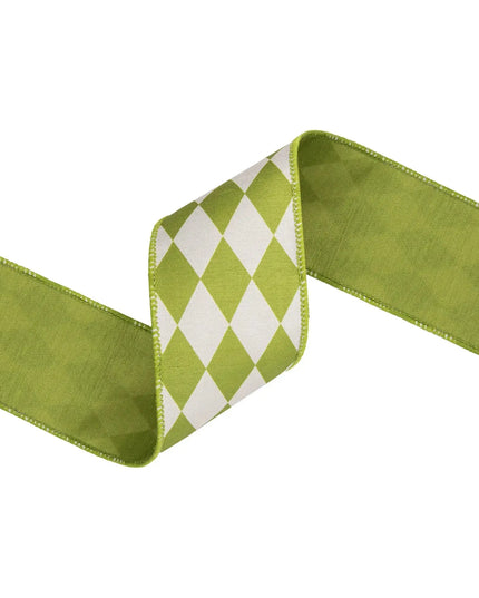 2 1/2" Wired Dupioni Ribbon | Green Diamonds on Cream w/ Green Backing | 10 Yard Roll