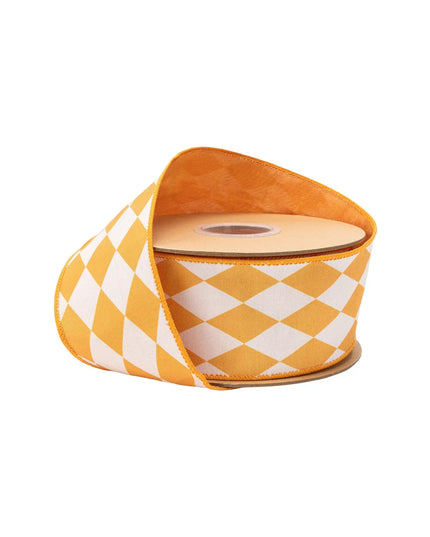 2 1/2" Wired Dupioni Ribbon | Orange Diamonds on Cream w/ Orange Backing | 10 Yard Roll